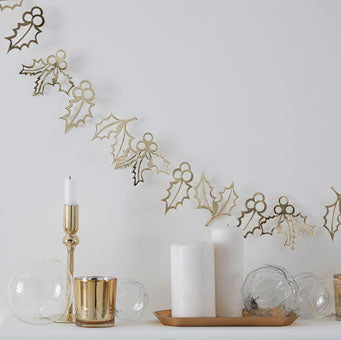 Gold Glitter - Garland - Holly - Gold